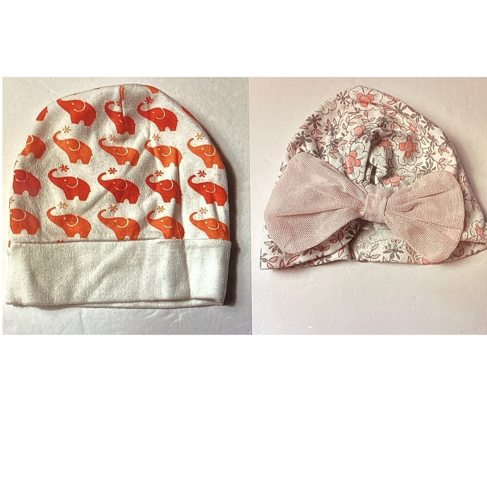 Medline White Beanie With  Elephants Size OS & Baby Hat Floral Pattern With Bow